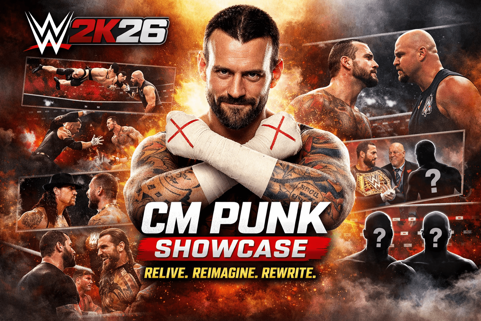 CM Punk stands in front of a fiery background, with a cross-armed pose and signature hand wraps, surrounded by action shots from his WWE career in WWE 2K26's Showcase mode.